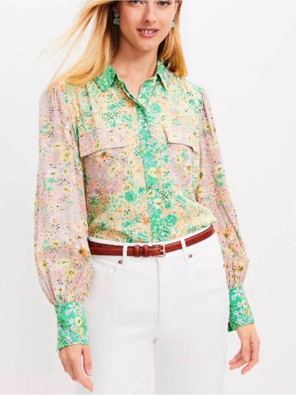 LOFT Pastel Floral Crepe Utility Button Up Shirt